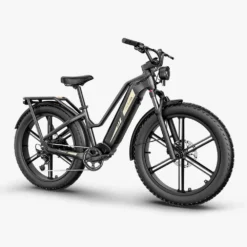 Must elektriline fatbike paksude rehvide, ketiajamiga ja esi- ning tagaraamiga.