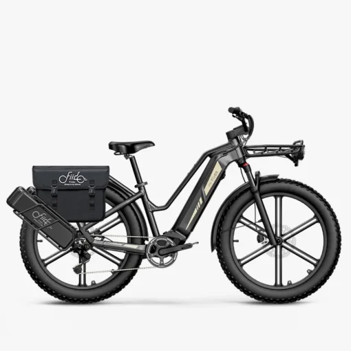 Elektrijalgratas Fiido Titan hall 26-tolline | E-pood Tootemaailm Must elektriline fat bike rattaga, millel on esi- ja tagakandur ning külgmised kotid