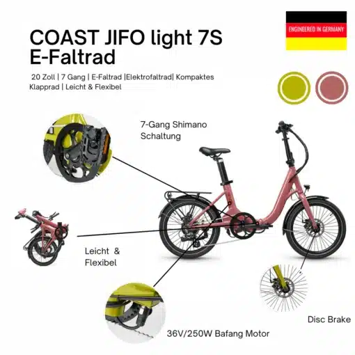 COAST JIFO light 7S kokkupandav E-ratas, 20-tollised rattad, roosa raam, 7-käiguline Shimano käigukast ja ketaspidur