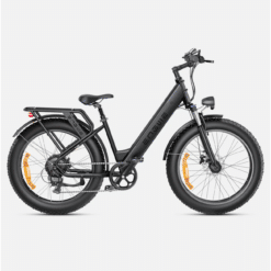 Must elektriline fatbike, külgvaates, paksude rehvide ja esiamordiga jalgratas