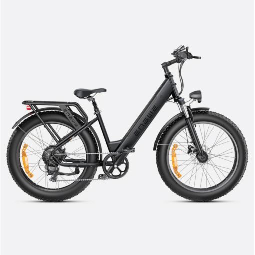 Must elektriline fatbike, külgvaates, paksude rehvide ja esiamordiga jalgratas