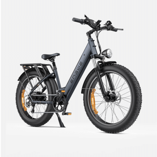 Must elektriline fatbike paksude rehvide, esitule ja pakiraamiga
