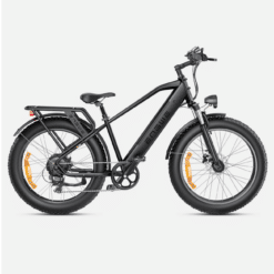Must elektriline fatbike jalgratas pakiraami, paksude rehvide ja esiamordiga külgvaates