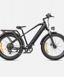 Must elektriline fatbike jalgratas pakiraami, paksude rehvide ja esiamordiga külgvaates
