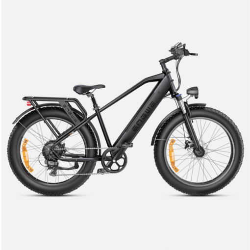 Elektrijalgratas Engwe E26 maastikusõiduks | E-pood Tootemaailm Must elektriline fatbike jalgratas pakiraami, paksude rehvide ja esiamordiga külgvaates