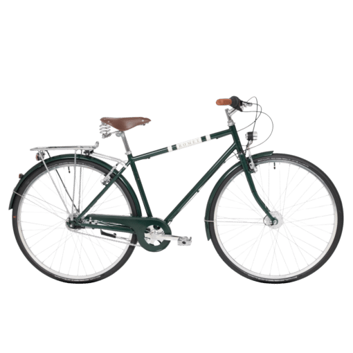 Meeste linnajalgratas Romet Vintage Classic 2.0 roheline | E-pood Tootemaailm Roheline jalgratas pruuni sadula ja pakiraamiga valgel taustal
