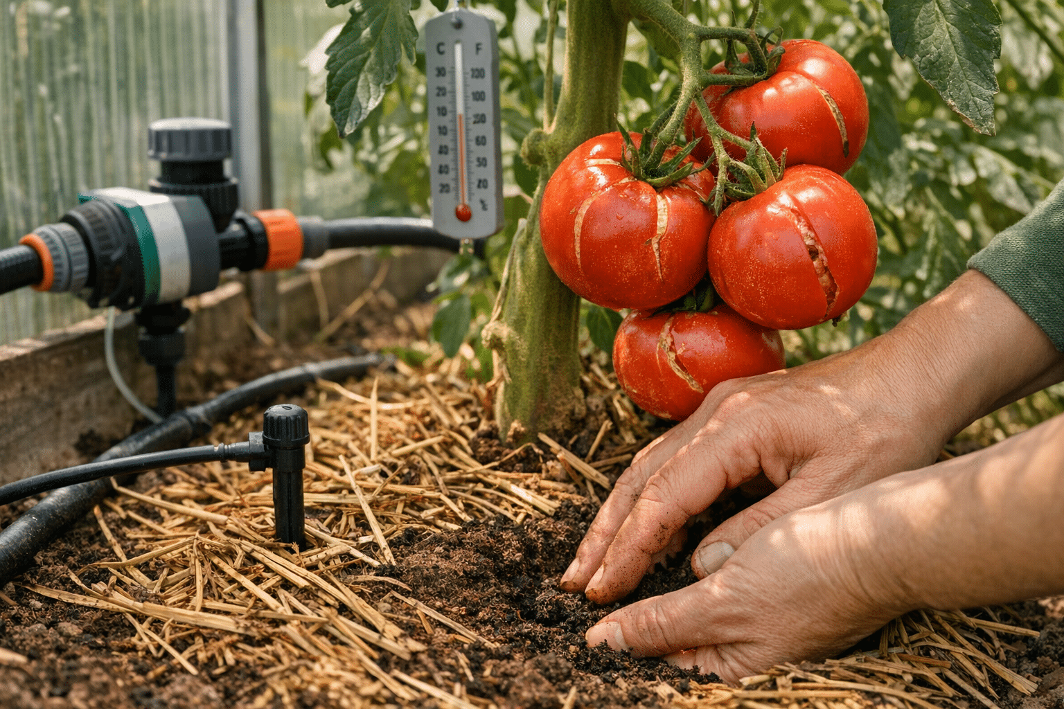 Aednik kontrollib kasvuhoones tomatitaime juures mulla niiskust ja lõhenenud vilju