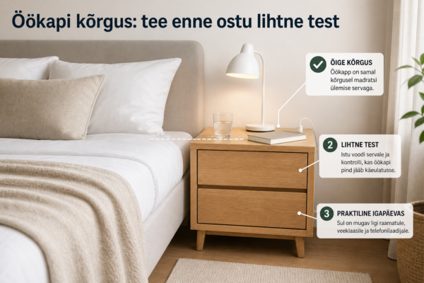 Hele magamistuba, kus voodi kõrval on madratsi kõrgusega sobiv puidust öökapp
