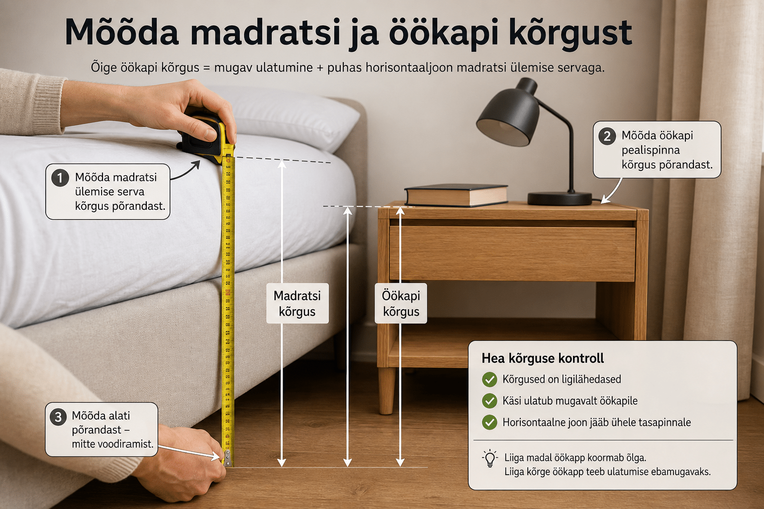 Mõõdulindiga mõõdetud madratsi ja öökapi kõrgus magamistoas
