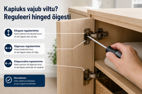 Kapiuks vajub viltu? Reguleeri hinged rahulikult | E-pood Tootemaailm Avatud hele puidutooni kapp, mille ukse peithingeid reguleeritakse kruvikeerajaga