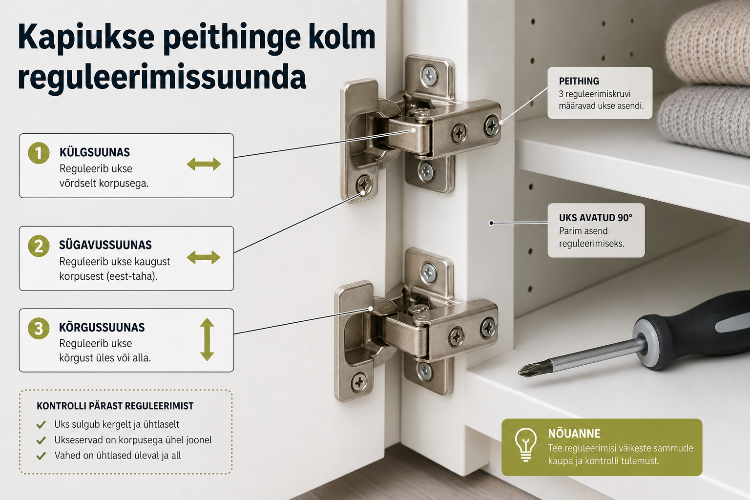 Kapiukse peithinge kolm reguleerimissuunda