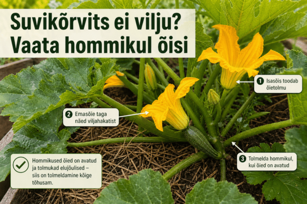 Õitsev suvikõrvitsataim koduaia köögiviljapeenras, kollaste õite ja väikeste viljahakatisega