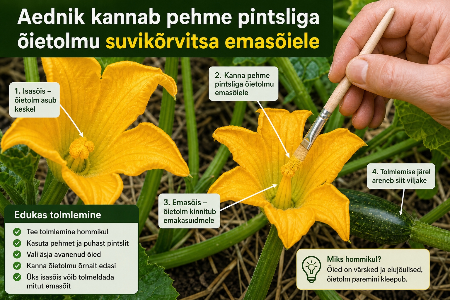 Aednik kannab pehme pintsliga õietolmu suvikõrvitsa emasõiele