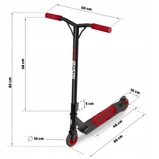 Must ja punane trikitõukeratas mõõtudega 83 cm kõrgus, 50 cm lenks ja 66 cm pikkus