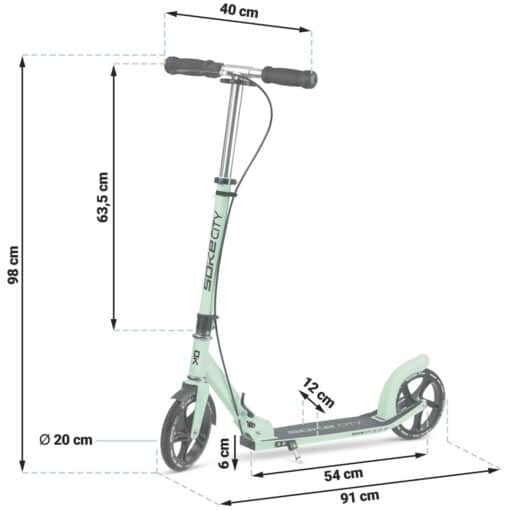 Tõukeratas Soke City kokkupandav roheline | E-pood Tootemaailm Mõõtmetega roheline kaksikratastega tõukeratas, kõrgus 98 cm ja juhtraua laius 40 cm