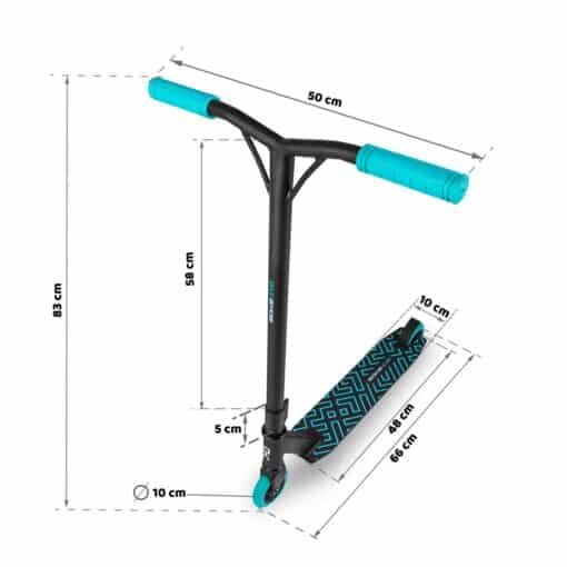 Trikitõukeratas Soke Evo must | E-pood Tootemaailm Musta-türkiissinine trikiratas mõõtudega, juhtraua laius 50 cm ja kõrgus 83 cm, tekk 66 cm