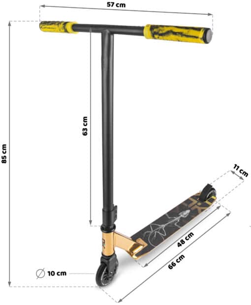 Trikitõukeratas Soke Evo kuldne | E-pood Tootemaailm Trikiratastroofi mõõtudega: 57 cm lenks, 85 cm kõrgus, 66 cm kogupikkus, 10 cm rattad