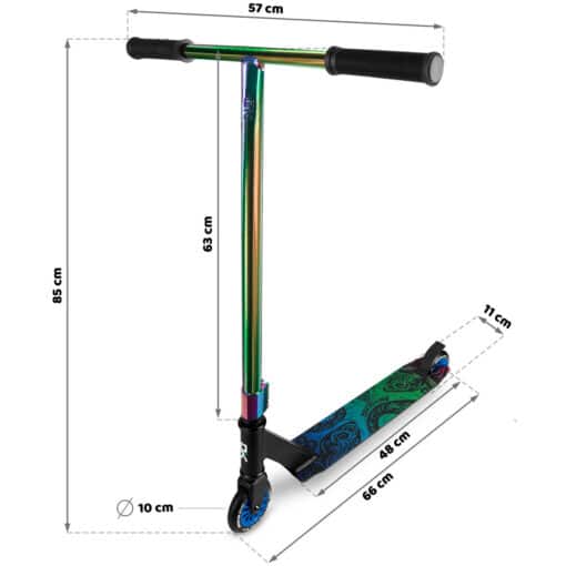 Trikitõukeratas Soke Evo must-neokroomne | E-pood Tootemaailm Trikirula mõõtudega: juhtraud 57 cm, kõrgus 85 cm, deck 48 cm, kogupikkus 66 cm, ratta läbimõõt 10 cm