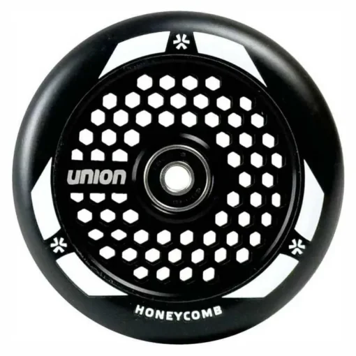 Tõukerattaratas Union Honeycomb 110 mm | E-pood Tootemaailm Must honeycomb-mustriga rolleriratas, millel on Union logo ja keskne laager
