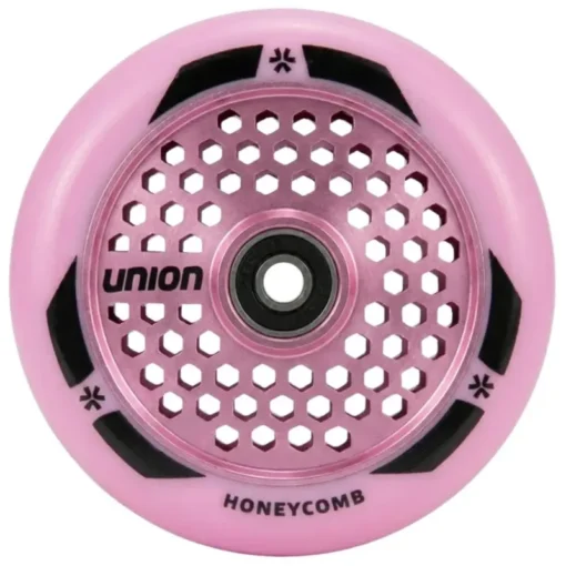 Tõukeratta ratas Union Honeycomb 110 mm roosa | E-pood Tootemaailm Roosa kärgstruktuuriga Unioni ratas, keskse laagriga ja mustade detailidega