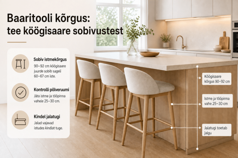 Baaritooli kõrgus köögisaare juures: tee sobivustest | E-pood Tootemaailm Heledas köögis paiknevad baaritoolid köögisaare juures