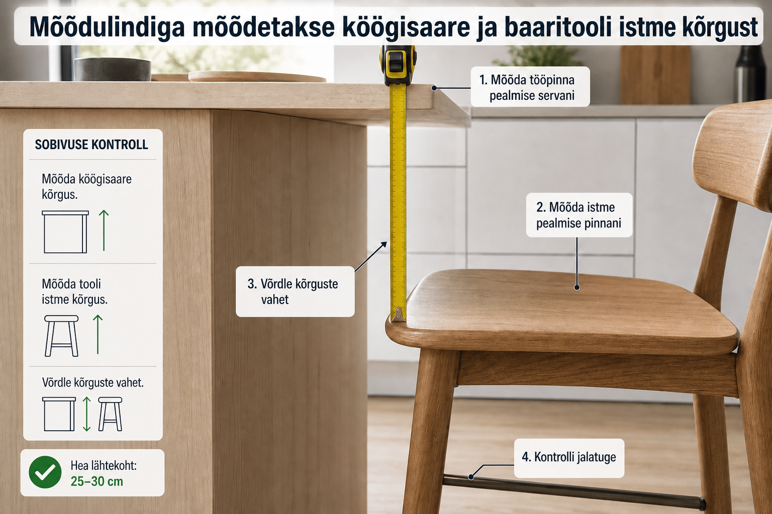 Mõõdulindiga mõõdetakse köögisaare ja baaritooli istme kõrgust