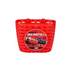 Punane plastist korv Cars tegelaskujuga, ümmarguse sildiga esiküljel