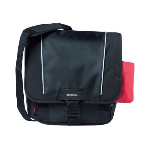 Pakiraamikott Basil Sport Design Commuter 18 l | E-pood Tootemaailm Must õlakott klapiga, esiküljel helkurribad ja punane küljetasku