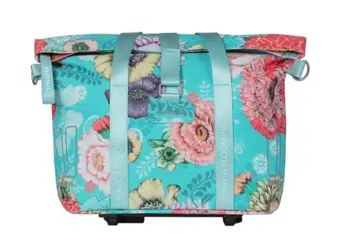Jalgratta lenksukott Basil Bloom Field veekindel | E-pood Tootemaailm Turquoise lillemustriga ratastega termokott või matkakott, peal rullitav sulgur ja rihmad