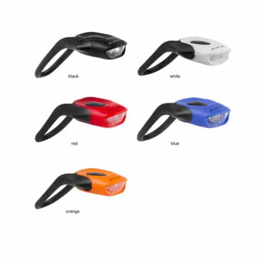 Jalgratta tuledekomplekt M-Wave Cobra patareidega | E-pood Tootemaailm Viie värviga kompaktne LED-tuli silmusega: must, valge, punane, sinine ja oranž