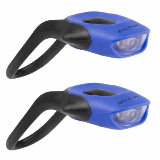 Jalgratta tuledekomplekt M-Wave Cobra patareidega | E-pood Tootemaailm Sinised ja mustad väikesed LED-tuled kummirihmaga, kaks vaadet tootest