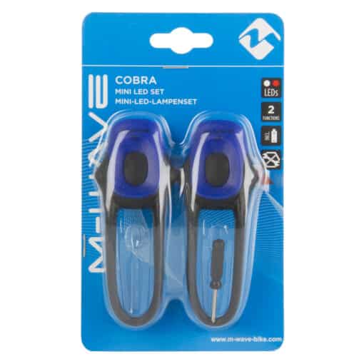 Jalgratta tuledekomplekt M-Wave Cobra patareidega | E-pood Tootemaailm M-Wave Cobra mini LED lampekomplekt blisterpakendis, kaks sinist musta taskulampi
