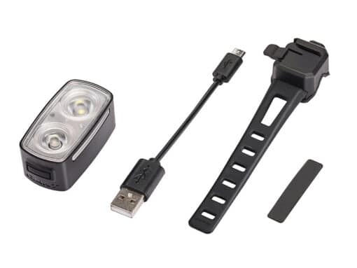 Esitule komplekt: kompaktne topelt LED-ratasõidutuli, USB-laadimiskaabel, kummist kinnitusrihm ja vahetükk