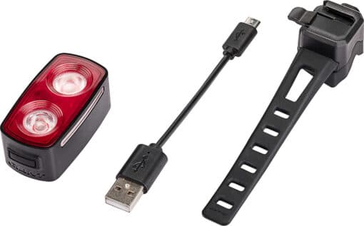 Punane jalgratta tagatuli koos USB-laadimiskaabli ja kinnitusribaga