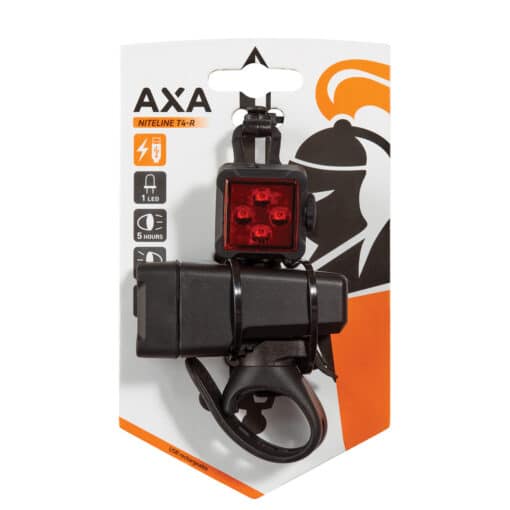 Jalgrattatulede komplekt AXA Niteline T4-R USB-laetav | E-pood Tootemaailm AXA Niteline T4-R jalgratta tagatuli koos kinnitusrihmaga pakendil