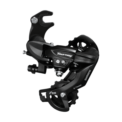 Tagumine käiguvahetaja Shimano Tourney TY300 6/7-käiguline | E-pood Tootemaailm Must Shimano Tourney tagumise käiguvahetaja mustal taustal