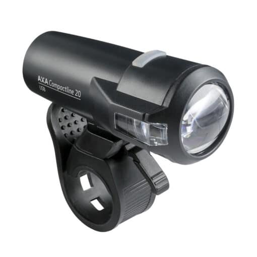 Jalgratta esituli AXA Compactline 20 luksi USB-laetav | E-pood Tootemaailm Must rattavalgusti AXA Compactline 20 USB kinnitusega
