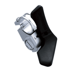 Must ja hõbedane Shimano jalgratta käiguvahetaja detailvaade