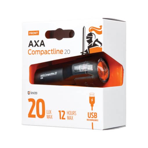 Jalgratta esituli AXA Compactline 20 luksi USB-laetav | E-pood Tootemaailm AXA Compactline 20 USB jalgratta esituli pakendis