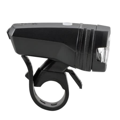 Jalgratta esituli AXA Greenline 50 luksiga USB-laetav | E-pood Tootemaailm Must jalgratta esituli kinnitusklambriga valgel taustal