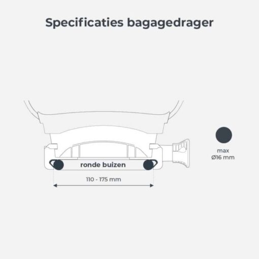 Laste jalgrattatool Urban Iki Ta-ke pakiraamile | E-pood Tootemaailm Bagaasikanduri spetsifikatsioonide joonis, mis näitab kinnitust ümmargusele torule ja mõõte 110–175 mm ning max Ø16 mm