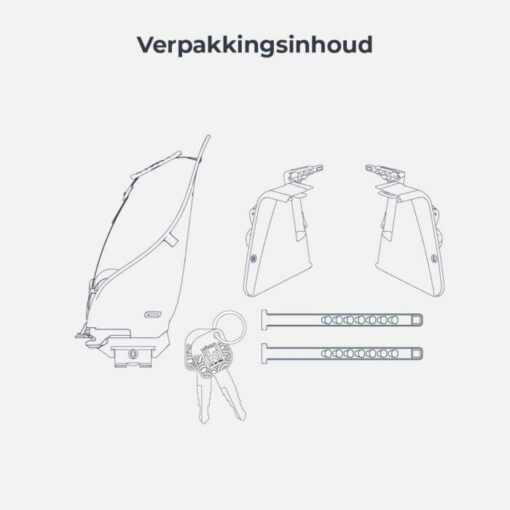 Laste jalgrattatool Urban Iki Ta-ke pakiraamile | E-pood Tootemaailm Pakendi sisu illustratsioon: seade, kaks kinnitusdetaili, võtmed ja kaks vardataolist osa
