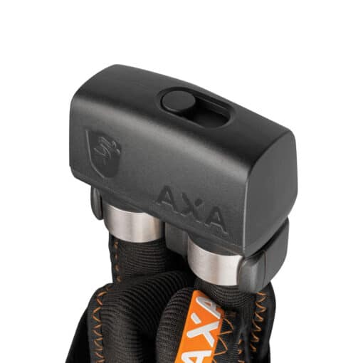 Lülilukk AXA Foldable 1000 105 cm | E-pood Tootemaailm Mustast metallist AXA rattalukk lukustatud asendis, oranži logo detailiga