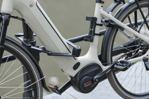 Lülilukk AXA Fold 85 cm | E-pood Tootemaailm Valge elektrijalgratta raam, Bosch mootor ja rattakäigud lähivaates