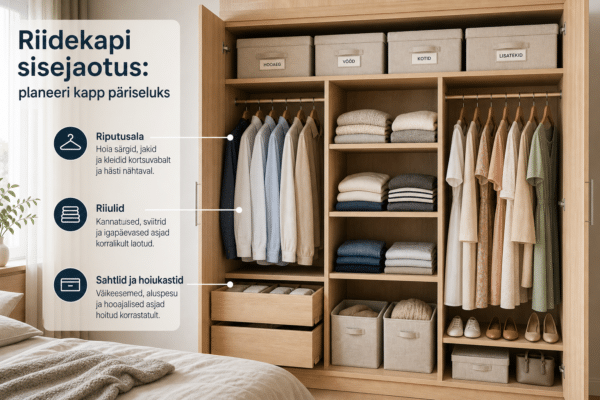 Riidekapi sisejaotus, mis teeb hommikud lihtsamaks | E-pood Tootemaailm Avatud heledast puidust riidekapp, kus on eraldi riputusala, riiulid, sahtlid ja hoiukastid