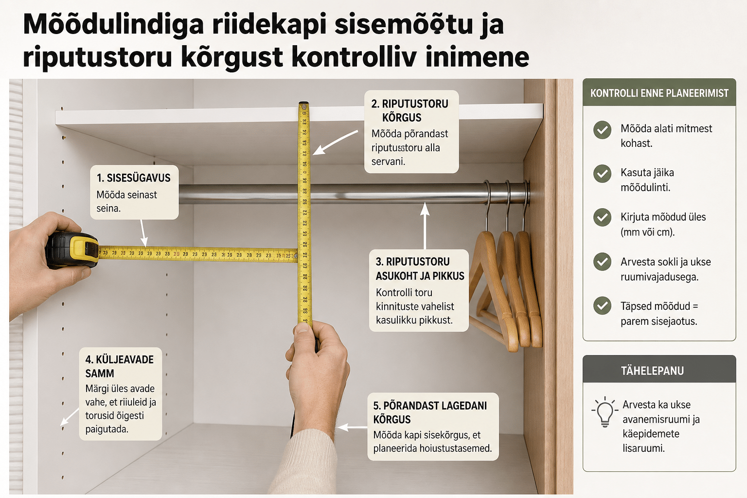 Mõõdulindiga riidekapi sisemõõtu ja riputustoru kõrgust kontrolliv inimene