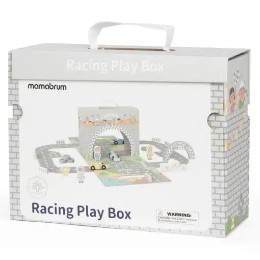 Magnetiline mängukohver Mamabrum võidusõidurajaga | E-pood Tootemaailm Mammalum Racing Play Box mängukomplekti karp, millel on võistlusraja ja autodega illustratsioon
