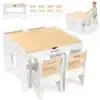 Laste laud ja 4 tooli Mamabrum kahe sahtliga | E-pood Tootemaailm Laste laud ja kaks tooli valge ja puidutooniga, komplektis näha eri kasutusviise