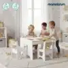Laste laud ja 4 tooli Mamabrum kahe sahtliga | E-pood Tootemaailm Lapsed mängivad valge lastelaua ja toolidega helges lastetoas