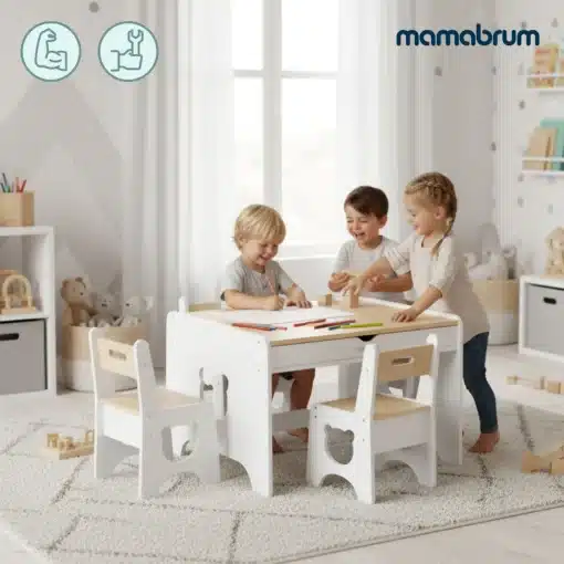 Laste laud ja 4 tooli Mamabrum kahe sahtliga | E-pood Tootemaailm Lapsed mängivad valge lastelaua ja toolidega helges lastetoas